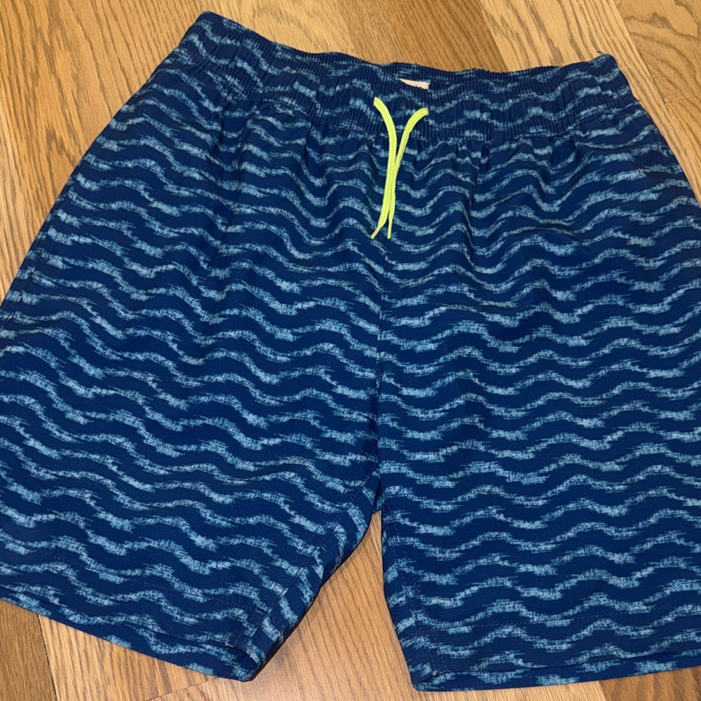 Crewcuts Boys' Navy Wave Print Swim Trunks with Neon Yellow Drawcord
